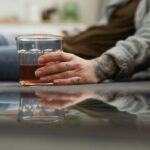 Kobieta z wyrazem smutku i frustracji siedząca przy stole, na którym znajdują się dwa kieliszki z alkoholem. Możliwe, że potrzebna jest terapia uzależnień.